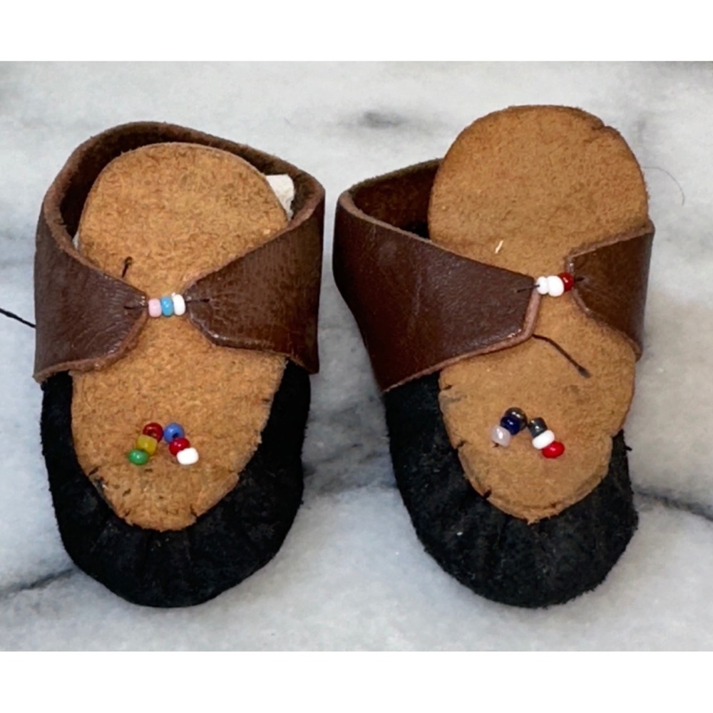 Handmade Leather Infant Moccasins Brown Black Beaded Soft Sole Baby Shoes